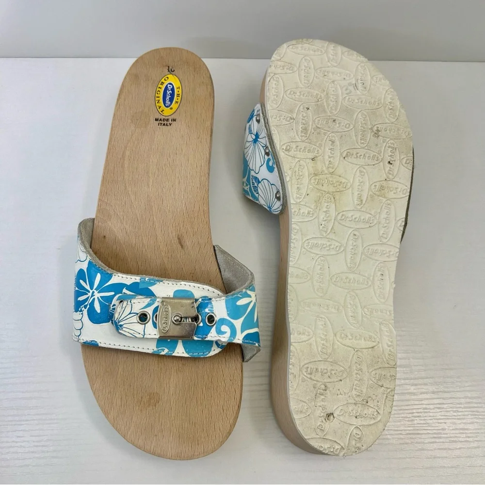 Dr Scholl’s Vintage Blue & White Hawaiian Hibiscus Silver Buckle Sandal Size 10 - Picture 7 of 14